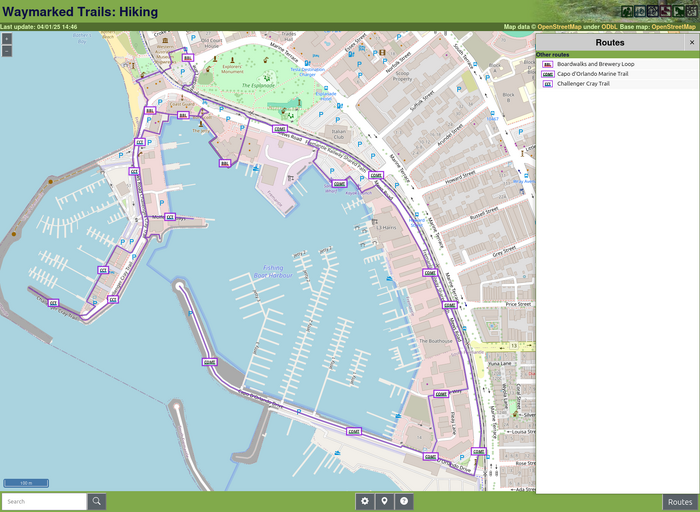 Screenshot of waymarkedtrails.org, showing three routes.